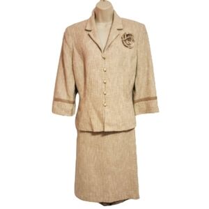 Kasper Beige Woven Blazer Skirt Suit Size 14